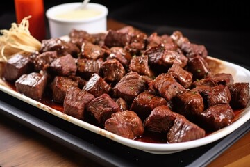 a serving platter filled with garlic bbq steak tips