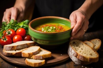 serving a bowl of gazpacho with a slice of artisan bread held by a hand - obrazy, fototapety, plakaty