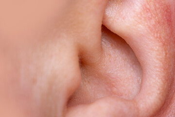 Fototapeta premium auditory organ Ear shell close-up, diagnosing ear-related diseases and conditions, ear health concept, hearing care and issues related to ears,
