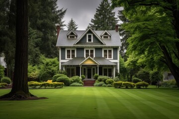 Fototapeta na wymiar overcast photo of a georgian house with a lush green lawn