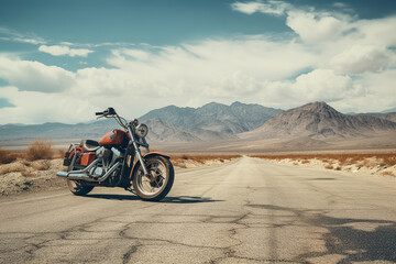 A motorcycle is parked on an empty road in the middle of the desert, exemplifying the idea of...