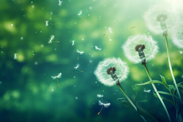 Dandelion seeds are blowing in the wind against a vibrant green background, capturing the transient and delicate nature of freedom