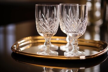 two crystal stemware glasses on a mirrored tray