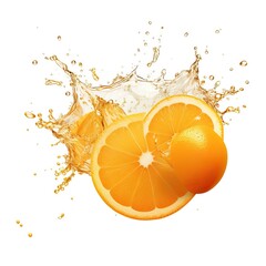 Water splash on fresh orange with leaves isolated on white background.