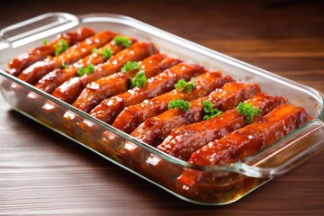 neatly lined glazed pork ribs served in a long dish
