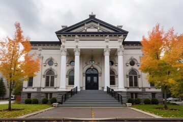 wide shot of gothic revival town halls stone portico