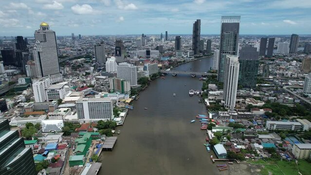 Aerial view of Khlong San and Chao Phraya river in Bangkok, Thailand