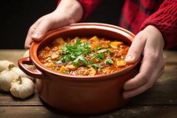 hand hold an iron handle of goulash soup pot over a fire