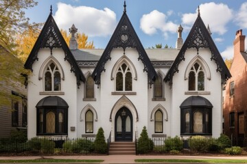 Fototapeta na wymiar facade of a gothic revival house with pointed arch windows