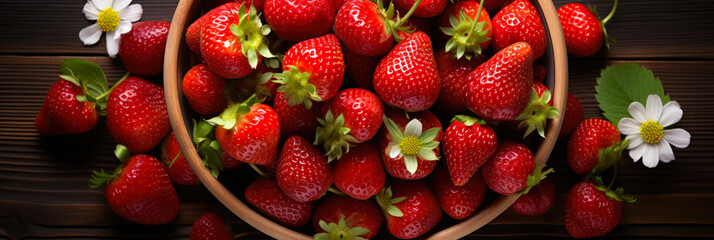 Strawberry banner. Bowl full of strawberries. Close-up food photography background