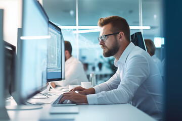 Man at computer, software developer working on coding script or cyber security in bright modern office