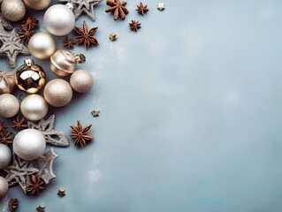 Christmas decorations on background Flat lay top view copy space.