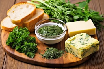 a handful of fresh herbs, grilled bread, and garlic herb butter - obrazy, fototapety, plakaty