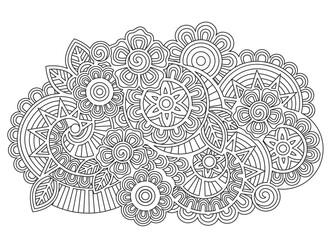 Vector abstract mandala pattern with flowers in a doodle style. Anti-stress coloring book page for adults