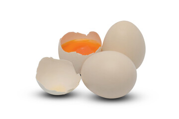White eggs, whole and broken egg half with a yolk on transparent background png