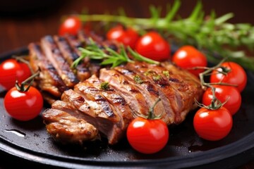 a close view of grilled duck with cherry tomatoes around