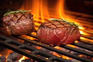 filet mignon on barbecue grill with open flame - obrazy, fototapety, plakaty