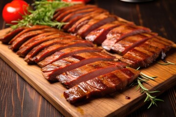 grilled duck cut into thin slices, placed in a row