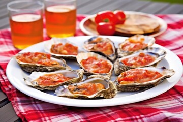 grilled oysters on a plate with a red and white napkin
