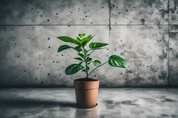 A brown plant pot on grey floor with grey background 