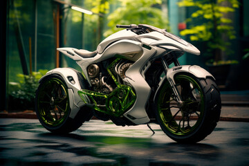 A futuristic unreal ecologic motorcycle in a sustainable green city on a bright sunny day