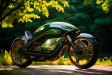 A futuristic unreal ecologic motorcycle in a sustainable green city. Future transport concept.