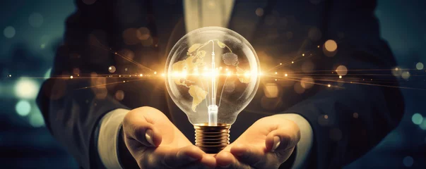 Foto op Plexiglas Businessman holding in his hands lightbulb on blue bokeh background , innovation concept. © Michal