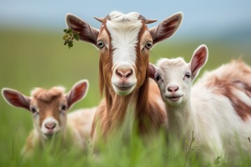 close-up of nanny-goat with kids in green pastures