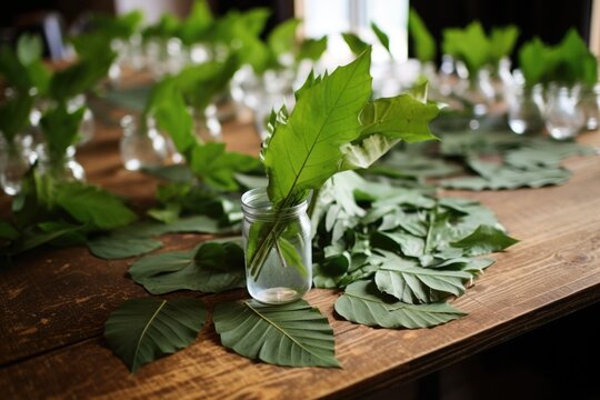 natural leaves with guest names on table