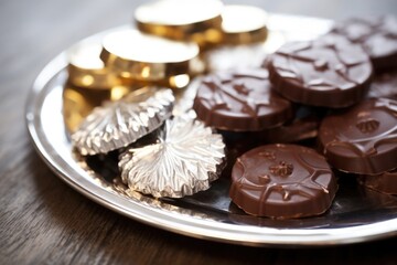 close-up of hanukkah gelt chocolate coins on a silver plate