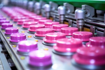 macro shot of a row of buttons on a production line