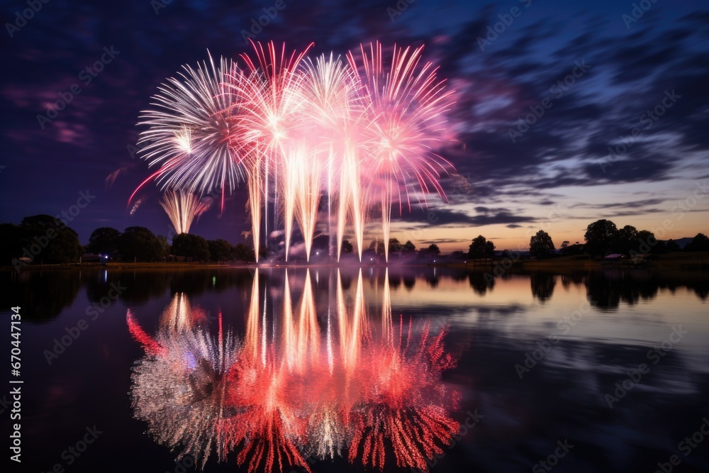 Canvas Prints fireworks reflected in a calm lake