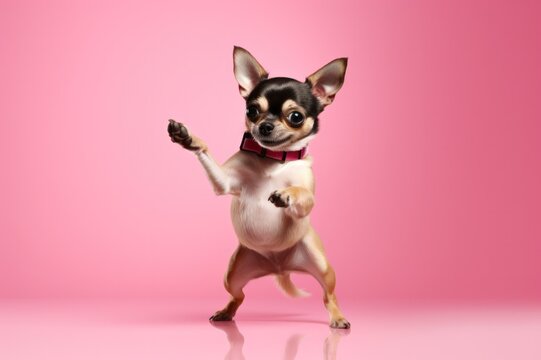 funny chihuahua puppy dancing on pink background