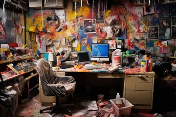 Terrible mess in the artist's workshop or office. Clutter in the  workplace. Messy work environment, stressful business. - obrazy, fototapety, plakaty