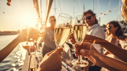  Group of friends having fun together and drinking champagne while sailing in the sea on luxury yacht, Traveling and yachting concept. © Oulaphone