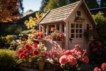 Fototapeta na wymiar Cat house with a classic British garden shed motif, Generative AI
