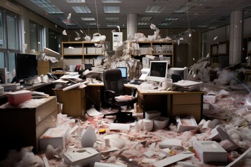 Terrible mess in the office. Clutter in the  workplace. Messy work environment, stressful business. - obrazy, fototapety, plakaty