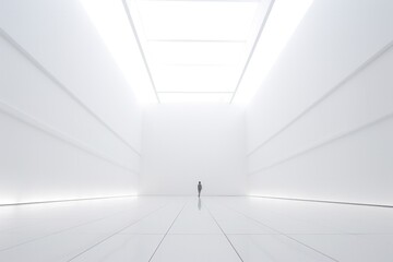 distant silhouette of a person in minimal white indoor space lit with light