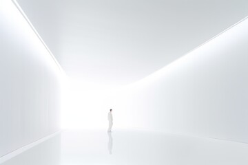 Fototapeta premium distant silhouette of a person in minimal white indoor space lit with light