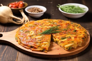 a cooked kimchi pancake into portions on a board