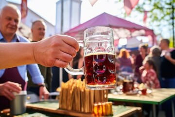 hand serving a mug of kvass, outdoor fair in the background