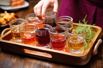 hand setting down a tray with a pitcher and glasses of kvass - obrazy, fototapety, plakaty