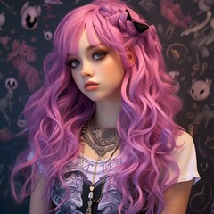 illustration of soft light pink hair purple hair hair accessory, Generative ai