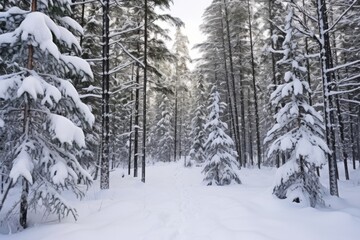 a dense pine forest blanketed in snow