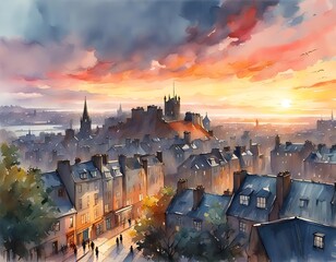 Watercolor painting of Edinburgh, Scotland at sunset