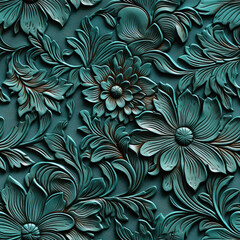 Seamless tooled embossed leather texture repeat with flower and leaf  elements - obrazy, fototapety, plakaty