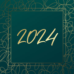 2024 New Year vector greeting card. Golden hand drawn lines. Green and gold gradient banner for celebration, congratulation, web design, decoration, winter holiday, frame