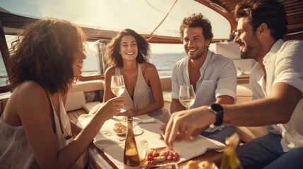 Gordijnen Group of friends having fun together and drinking champagne while sailing in the sea on luxury yacht, Traveling and yachting concept. © Oulaphone