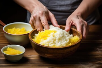 Obraz na płótnie Canvas hand preparing to spoon from a bowl of mango sticky rice