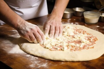 Obraz na płótnie Canvas hand checking the pizza doughs thickness